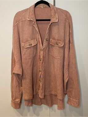 Free People Blush Pink Waffle Button-Down Shirt Jacket